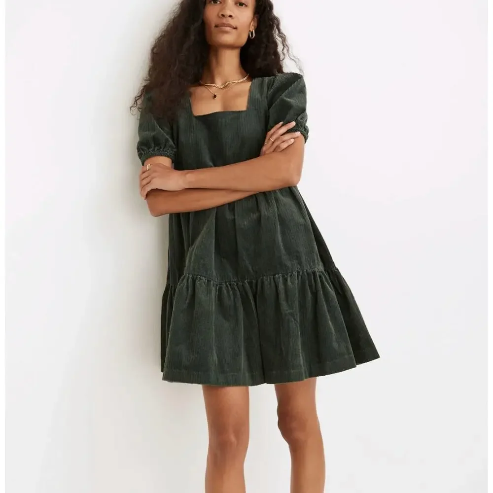 Madewell Corduroy Aidy Dress Womens 10 Green Square Neck Tiered Babydoll Holiday - Picture 2 of 14
